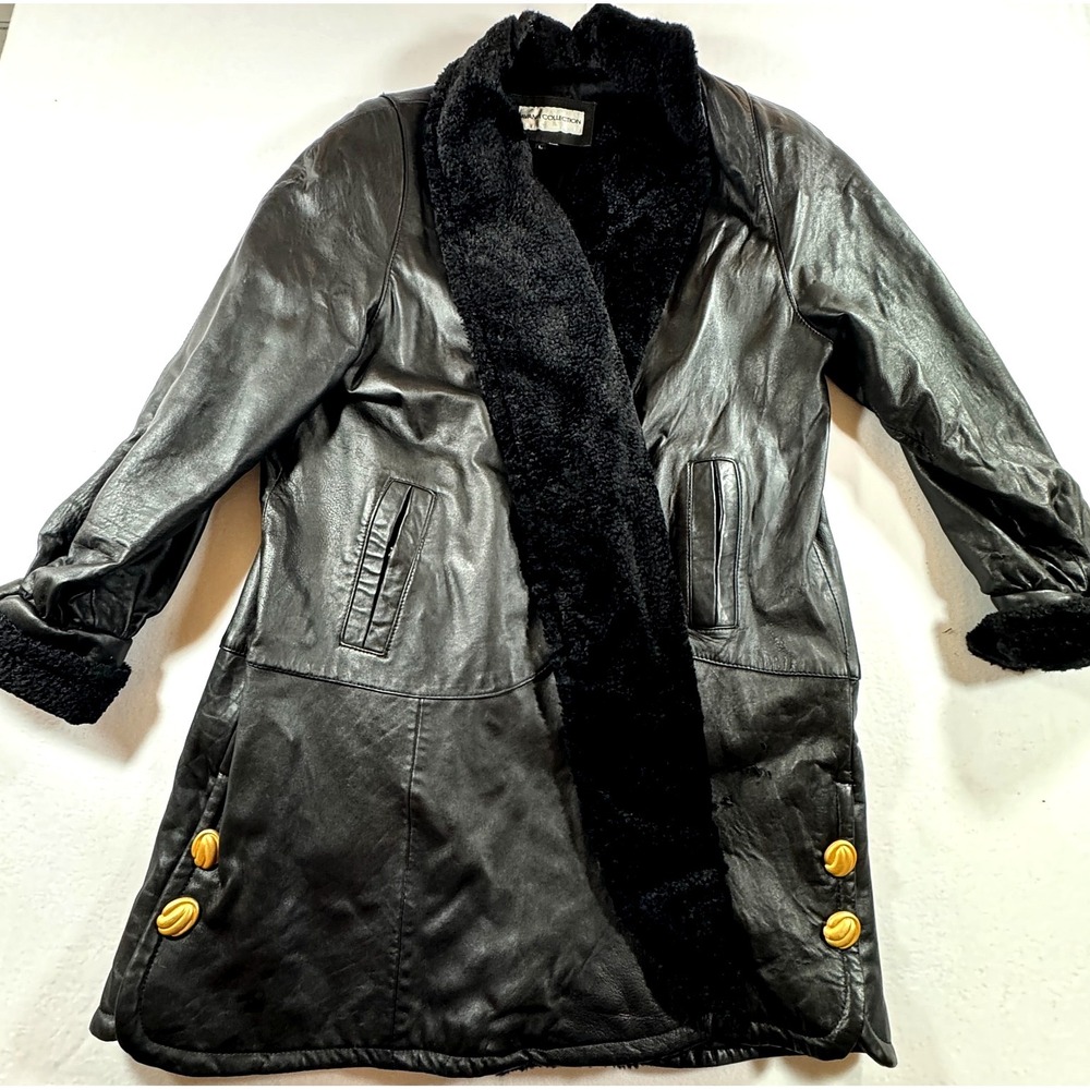 Avanti Collection Leather Trench Coat Womens 6 Black Faux Fur Trim Worn
